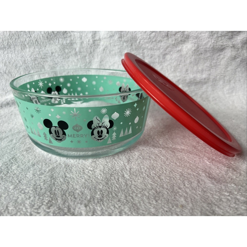 Pyrex Disney Mickey Minnie Mouse Glass Bowl Lids Get Merry Turquoise/Red